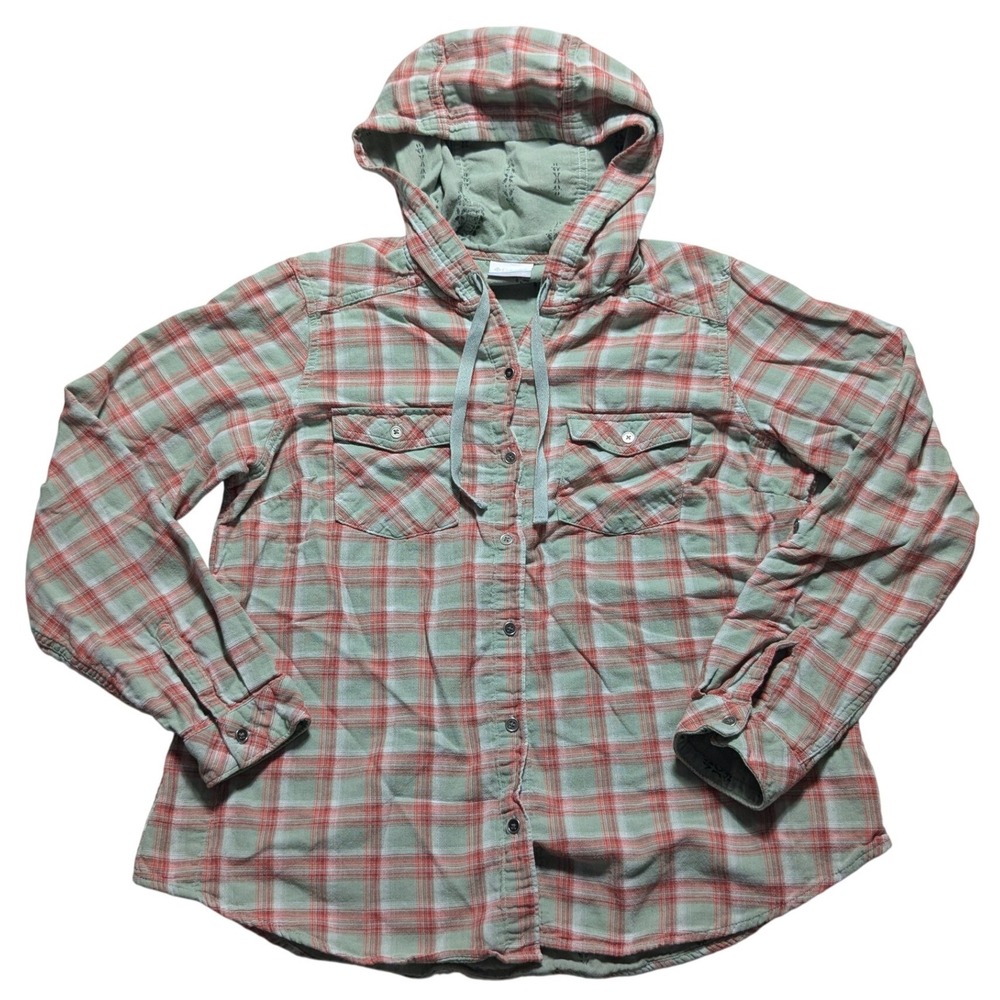 Columbia Womens XL Plaid Hooded Flannel Shirt Sage Green Coral Roll Tab Sleeve